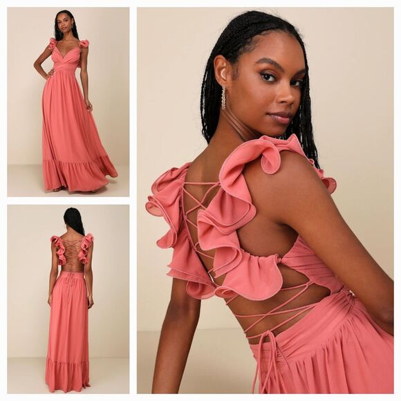 New LULUS Women's (L) Soiree Celebration Rusty Rose Ruffled Lace-Up Maxi Dress - Picture 1 of 15